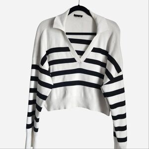 Dynamite Black and White Striped V-Neck Polo Sweater